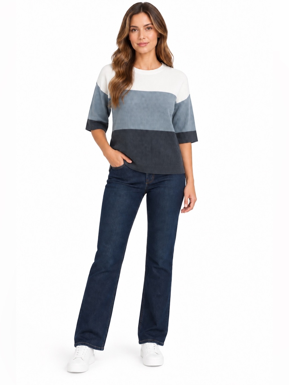 Matty M Colorblock Crewneck Sweater in White, Light Gray & Charcoal